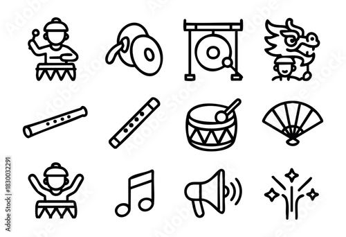Line icons for a Chinese New Year parade and traditional music — dragon dance, gong, and drum — stock vector.