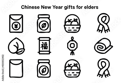 Line icons of Chinese New Year gifts and decorations — red envelope, fruit basket, and lucky knot — stock vector.
