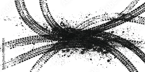Textured tire tracks with mud splatter grunge design element. isolated on white background