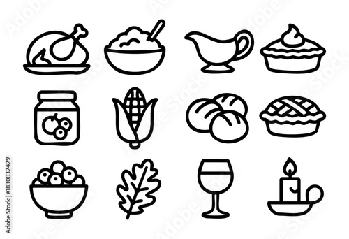 Line icons of a traditional Thanksgiving dinner — roast turkey, pie, and side dishes — stock vector.