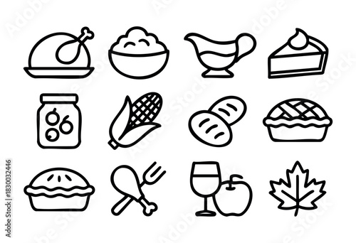 Line icons of a traditional Thanksgiving dinner — roast turkey, pie, and side dishes — stock vector.