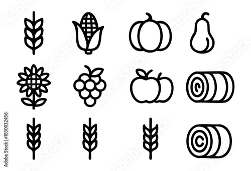 Line icons of harvest and autumn produce — wheat, corn, and pumpkin — stock vector.