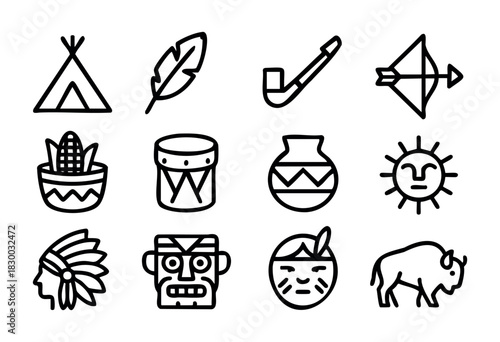 Line icons of Native American culture and traditions — teepee, headdress, and bison — stock vector.