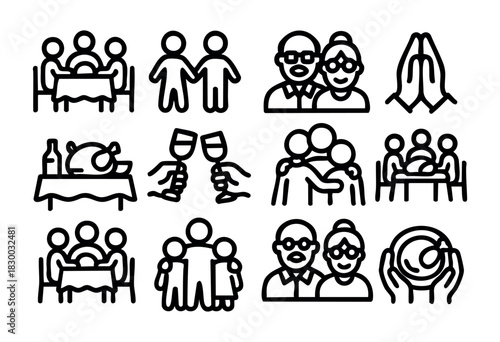 Line icons representing a family gathering and celebration — dinner table, grandparents, and toast — stock vector.
