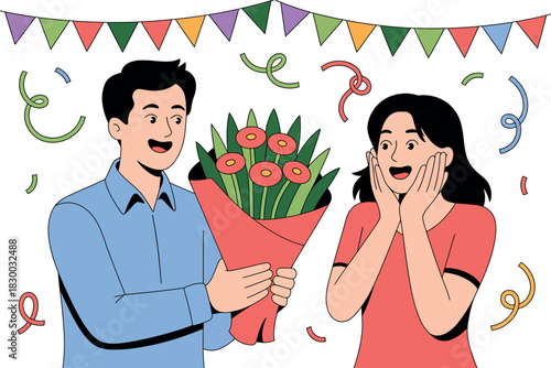 A man surprises a woman with a bouquet of flowers and confetti during a celebration.