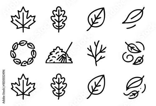 Line icons of autumn leaves and foliage — maple leaf, oak leaf, and a pile of leaves with a rake — stock vector.