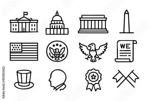 US Government line icons — American landmarks, patriotic symbols, and national emblems — stock vector.