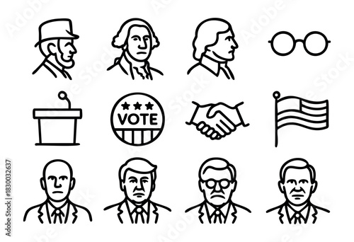 US Presidents & Election line icons — portraits of American leaders and voting symbols — stock vector.