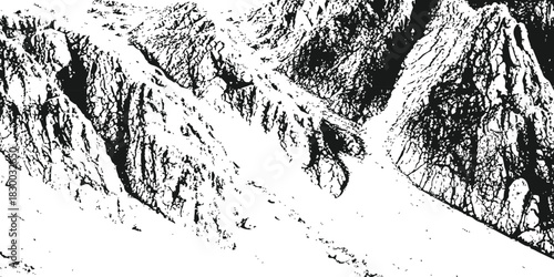 Monochromatic rugged mountain texture grunge distressed overlay isolated on white background