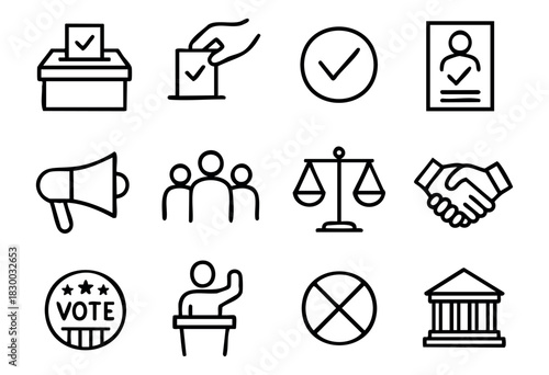 Voting and Election line icons — political process, democracy, and civil rights symbols — stock vector.