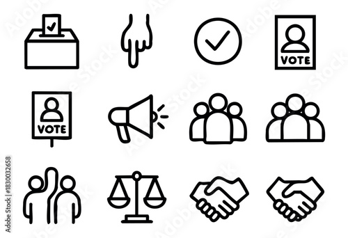 Voting and Election line icons — political process, democracy, and civil rights symbols — stock vector.
