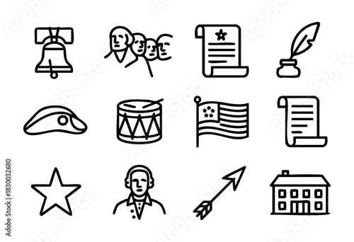 American History line icons — Revolutionary War and founding fathers symbols — stock vector.