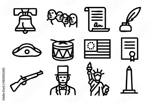 American History line icons — Revolutionary War and founding fathers symbols — stock vector.