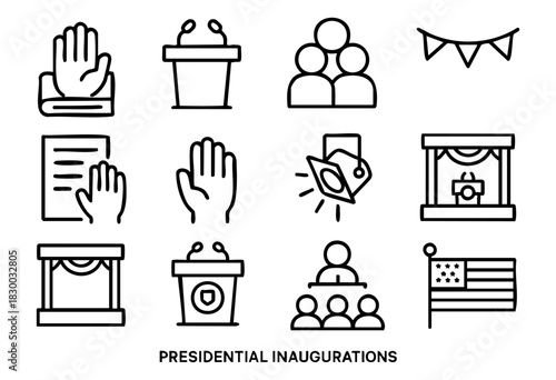 Inauguration Ceremony line icons — presidential oath, official event, and public address symbols — stock vector.