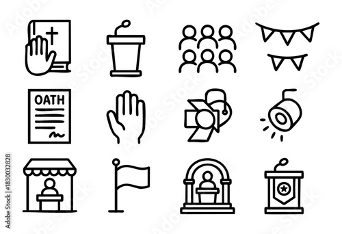 Inauguration Ceremony line icons — presidential oath, official event, and public address symbols — stock vector.