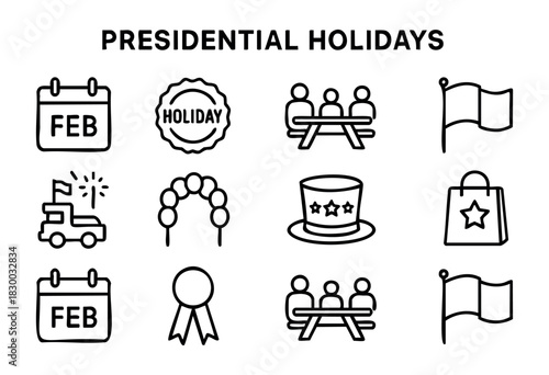 Presidential Holidays line icons — Presidents' Day celebration, parade, and patriotic event symbols — stock vector.