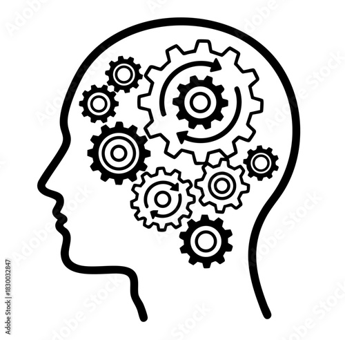 A system of cogs in a person's brain, cognitive thought analysis process reason concept, flat simple black and white illustration