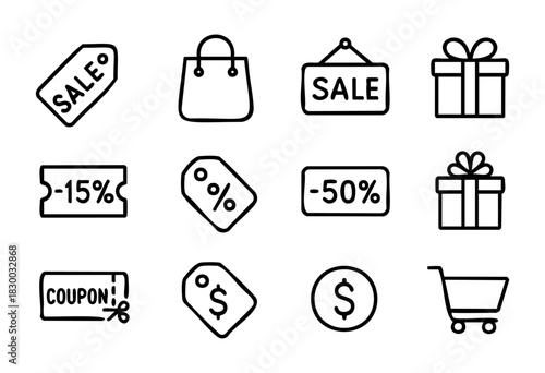 Presidents' Day Sale doodle icons — shopping, discounts, and retail symbols for the holiday — stock vector.