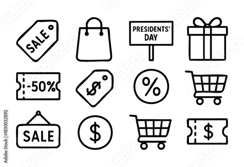 Presidents' Day Sale doodle icons — shopping, discounts, and retail symbols for the holiday — stock vector.