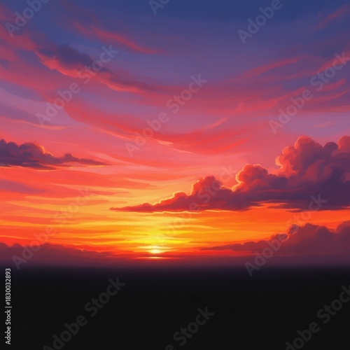 Vibrant summer sunset painting the expansive evening sky with dramatic warm colors, casting ethereal light across the fluffy clouds near the horizon, dusk, scenery, majestic