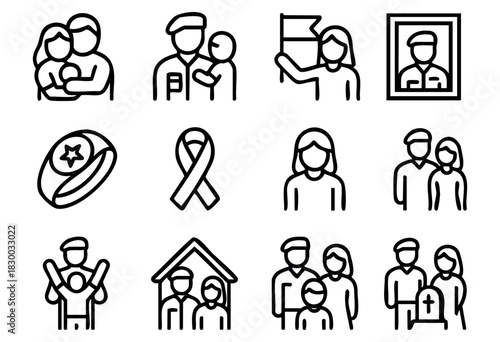 Military Family Support line icons — soldier's family, reunion, and remembrance symbols — stock vector.