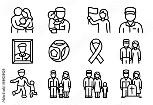 Military Family Support line icons — soldier's family, reunion, and remembrance symbols — stock vector.