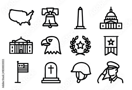 Memorial Day National Symbols line icons — US landmarks, patriotic emblems, and remembrance items — stock vector.