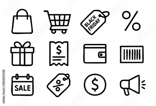 Black Friday Sale doodle icons — shopping, retail, and discount symbols for the holiday sale event — stock vector.