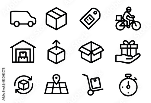 Shipping & Delivery line icons — logistics, package transportation, and courier service symbols — stock vector.
