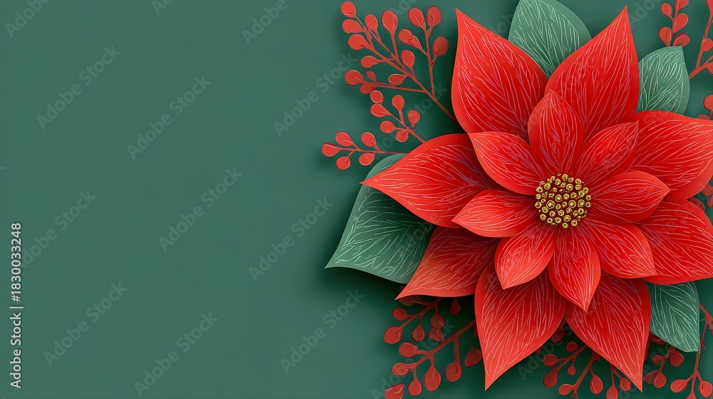 Obraz premium Poinsettia on green background, also known as Christmas flower, Christmas flower decoration, red and green foliage. Copy space