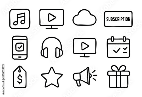 Subscription Service doodle icons — digital media, streaming, and membership plan symbols — stock vector.