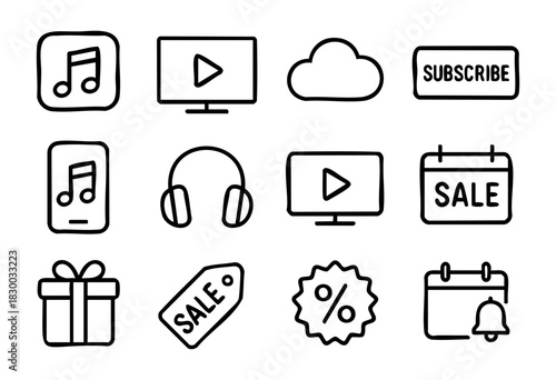 Subscription Service doodle icons — digital media, streaming, and membership plan symbols — stock vector.