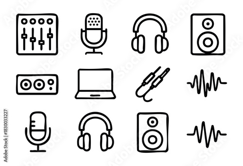 Audio Recording Studio doodle icons — music production, sound engineering, and podcasting equipment — stock vector.