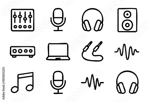 Audio Recording Studio doodle icons — music production, sound engineering, and podcasting equipment — stock vector.