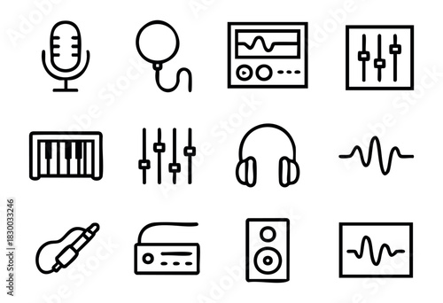 Music Production line icons — recording studio, synthesizer, and audio engineering symbols — stock vector.