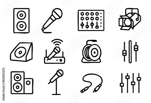 Live Sound Equipment doodle icons — PA system, concert gear, and stage audio hardware — stock vector.