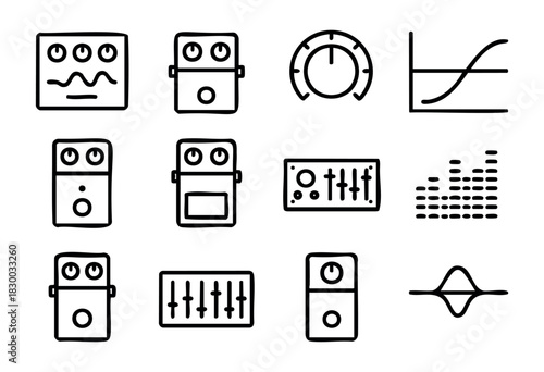 Guitar Effects Pedals doodle icons — stompbox, audio processing, and sound manipulation units — stock vector.