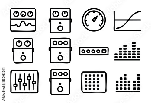 Guitar Effects Pedals doodle icons — stompbox, audio processing, and sound manipulation units — stock vector.