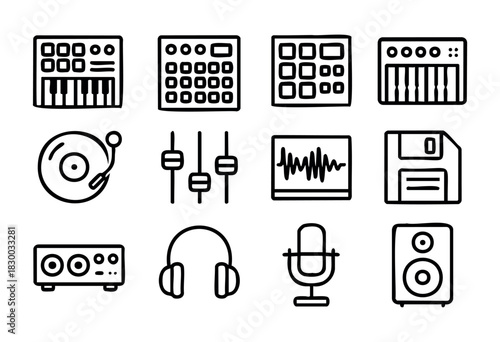 Electronic Music & DJ doodle icons — synthesizer, drum machine, and music production hardware — stock vector.