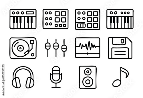 Electronic Music & DJ doodle icons — synthesizer, drum machine, and music production hardware — stock vector.
