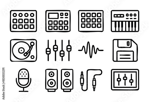 Electronic Music & DJ doodle icons — synthesizer, drum machine, and music production hardware — stock vector.
