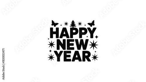 Happy new year festive typographic design with snowflakes stars and abstract christmas tree shapes