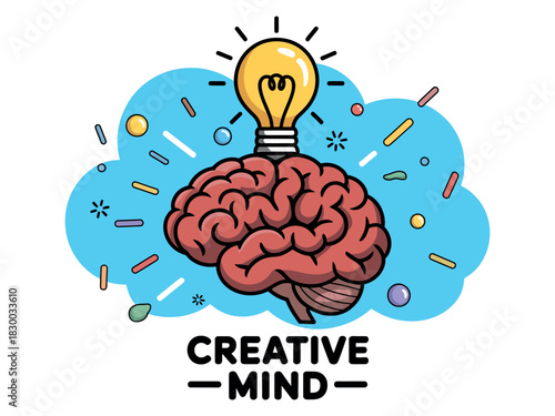 A creative mind with a lightbulb representing an idea emerging from a human brain.