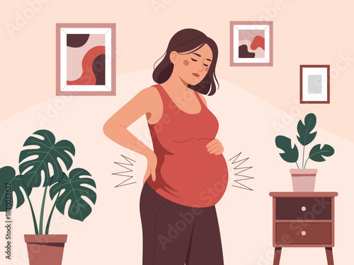 Pregnant woman experiencing back and abdominal pain in a domestic setting with houseplants and art.