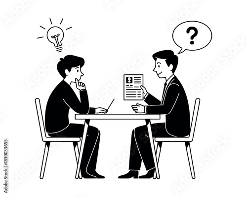 Two people sitting at a table discussing a resume, one with a lightbulb and the other with a question mark.