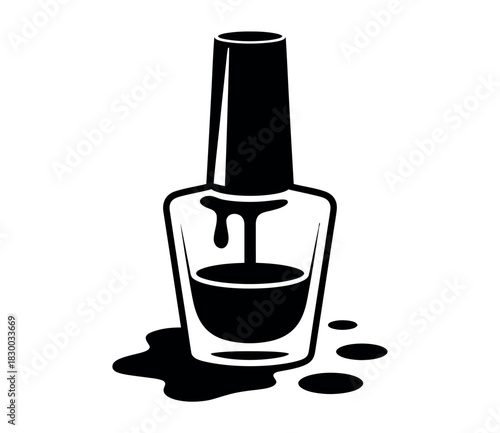 A black and white illustration of a nail polish bottle with spilled polish.