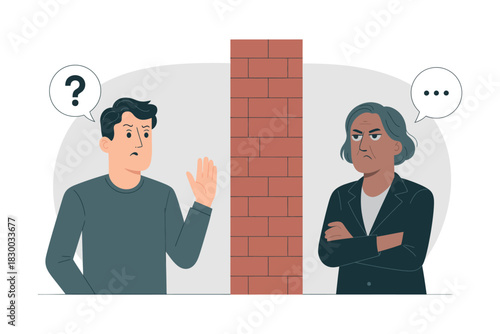 Two people stand on opposite sides of a brick wall, with question marks and ellipses above their heads.