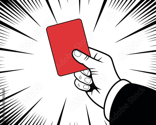 A hand in a suit holds up a red card against a radiating background.