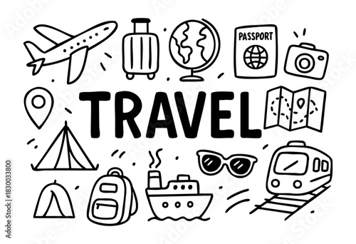 Doodle icons for travel and vacation — airplane, luggage, globe, and passport — stock vector.
