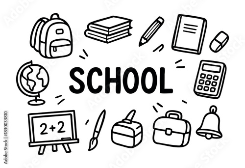 Doodle icons for education and school supplies — backpack, books, pencil, and globe — stock vector.